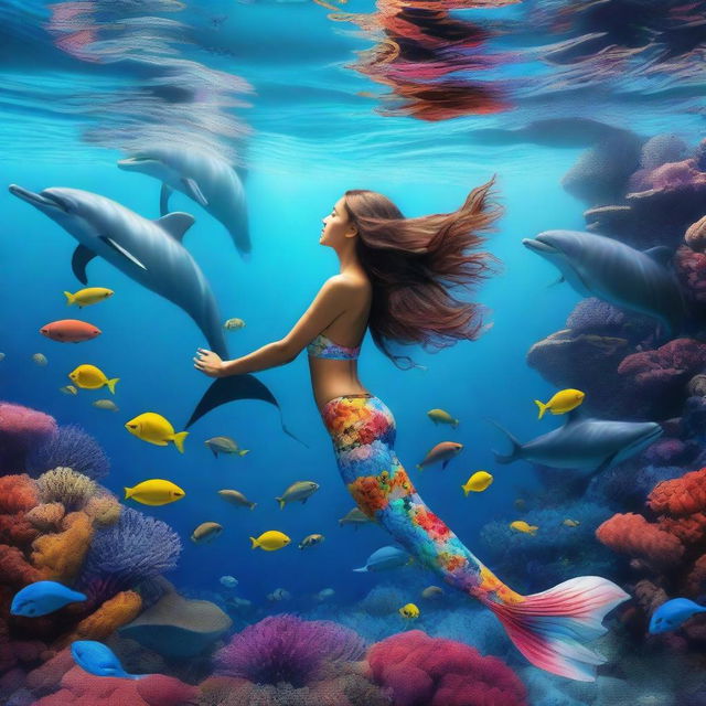 A realistic photo of a full-body mermaid woman swimming with dolphins among corals in the sea