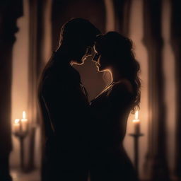 A dark and romantic scene featuring a couple in an intense embrace