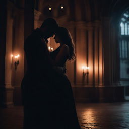 A dark and romantic scene featuring a couple in an intense embrace