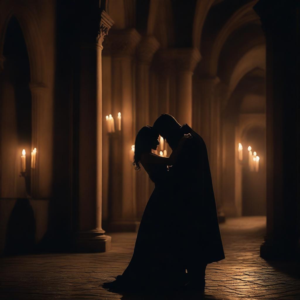 A dark and romantic scene featuring a couple in an intense embrace