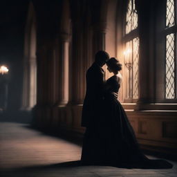 A dark and romantic scene featuring a couple in an intense embrace