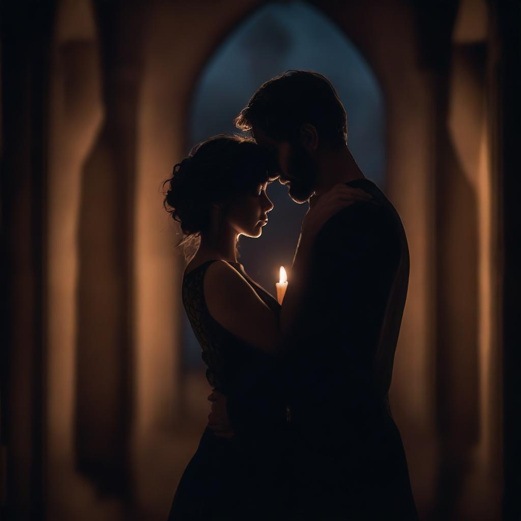 A dark and romantic scene featuring a couple in an intense embrace