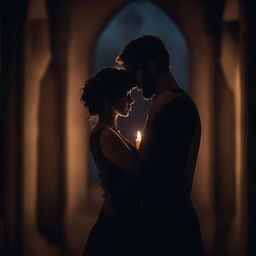 A dark and romantic scene featuring a couple in an intense embrace