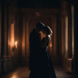 A dark and romantic scene featuring a couple in an intense embrace