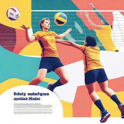 A cover page for a Word document about a volleyball sports event, featuring dynamic action shots of players, a volleyball net, and a vibrant background with the event's name prominently displayed