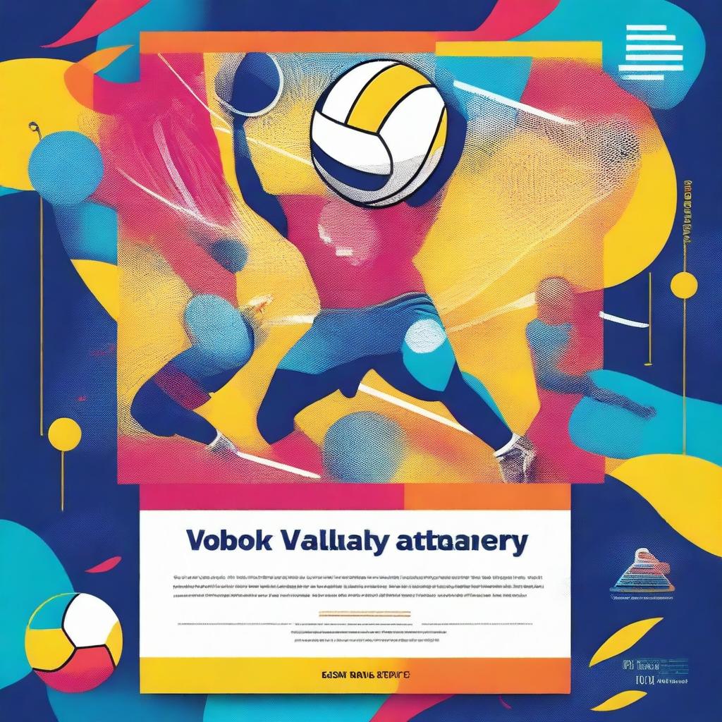 A cover page for a Word document about a volleyball sports event, featuring dynamic action shots of players, a volleyball net, and a vibrant background with the event's name prominently displayed