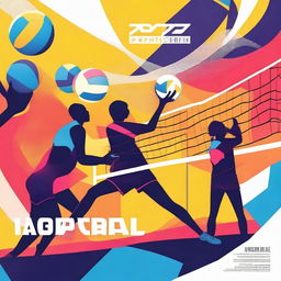 A cover page for a Word document about a volleyball sports event, featuring dynamic action shots of players, a volleyball net, and a vibrant background with the event's name prominently displayed