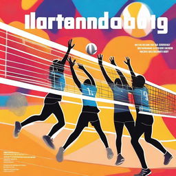 A cover page for a Word document about a volleyball sports event, featuring dynamic action shots of players, a volleyball net, and a vibrant background with the event's name prominently displayed