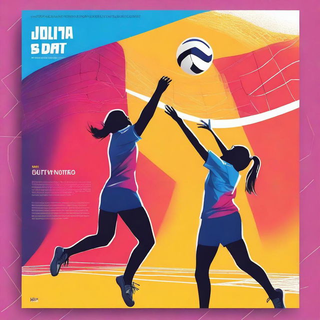 A cover page for a Word document about a volleyball sports event, featuring dynamic action shots of players, a volleyball net, and a vibrant background with the event's name prominently displayed