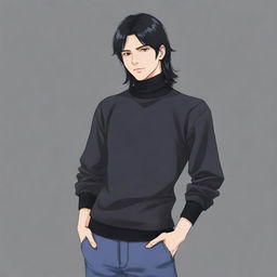 Full body illustration of an anime style male character with a black mullet hairstyle, wearing a turtleneck shirt.