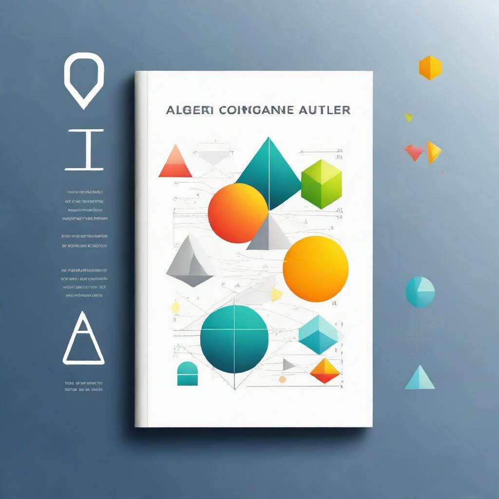 A detailed book cover for an algebra textbook, featuring mathematical symbols, equations, and geometric shapes