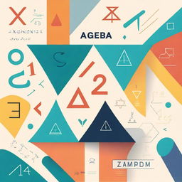 A detailed book cover for an algebra textbook, featuring mathematical symbols, equations, and geometric shapes