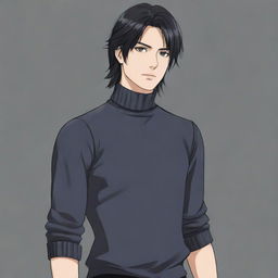 Full body illustration of an anime style male character with a black mullet hairstyle, wearing a turtleneck shirt.