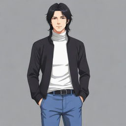 Full body illustration of an anime style male character with a black mullet hairstyle, wearing a turtleneck shirt.