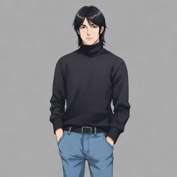 Full body illustration of an anime style male character with a black mullet hairstyle, wearing a turtleneck shirt.