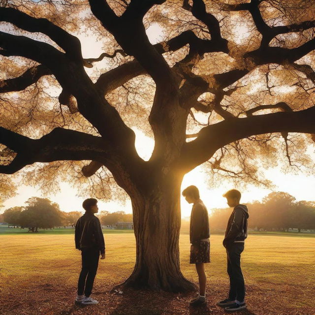 A cinematic photograph of a large oak tree at sunset