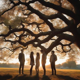 A cinematic photograph of a large oak tree at sunset