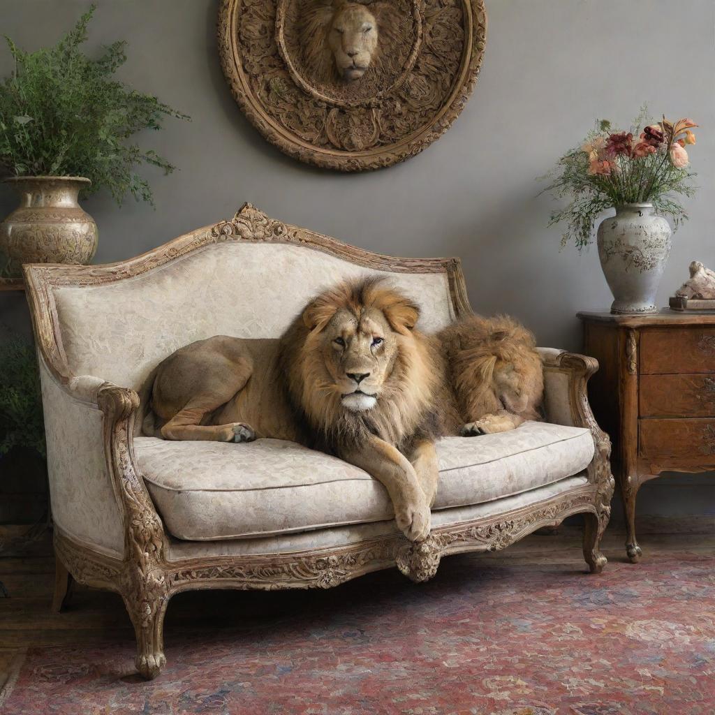 A majestic, sleeping lion under an array of eclectic furniture pieces, creating an unusual and intriguing scenario.