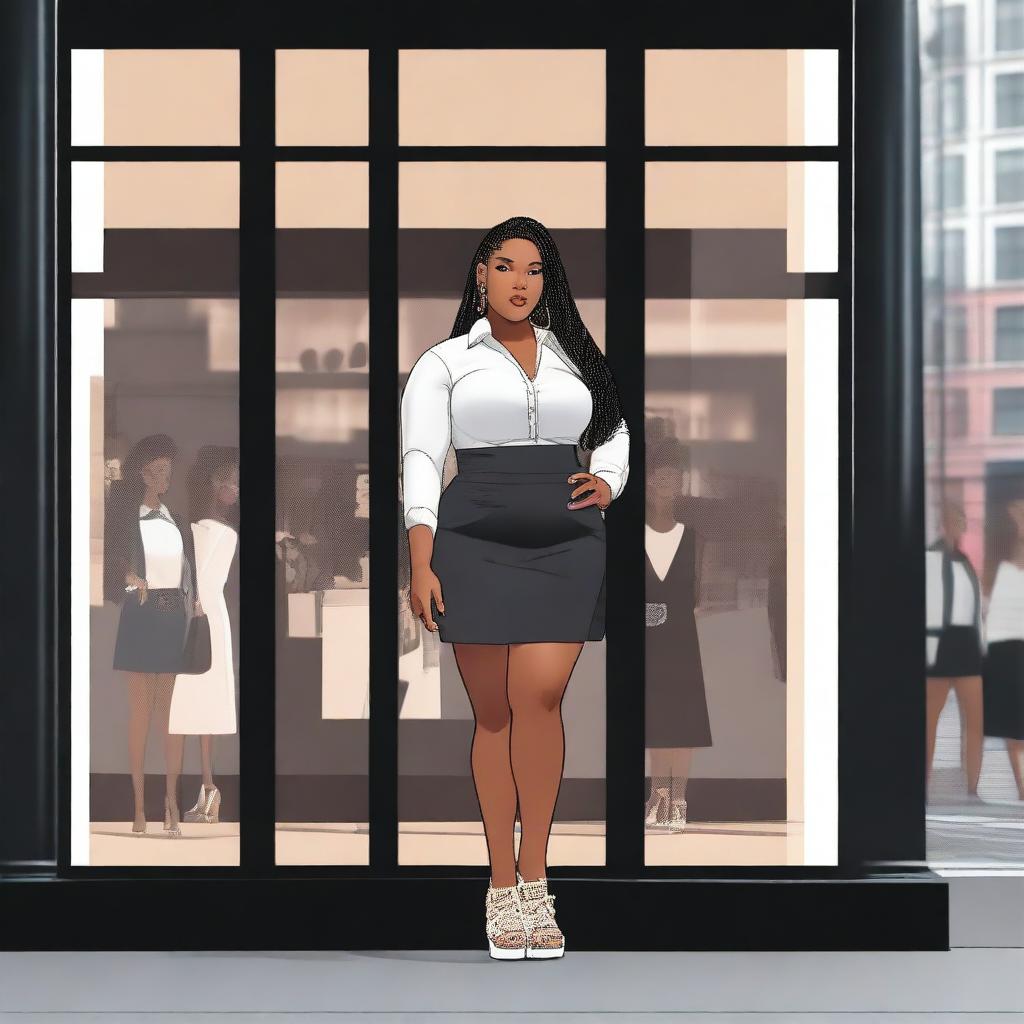 A young, chubby Black girl with long braids, wearing a short skirt, a short black jacket, and a white shirt underneath