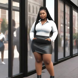 A young, chubby Black girl with long braids, wearing a short skirt, a short black jacket, and a white shirt underneath