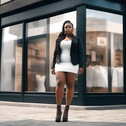 A young, chubby Black girl with long braids, wearing a short skirt, a short black jacket, and a white shirt underneath