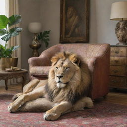 A majestic, sleeping lion under an array of eclectic furniture pieces, creating an unusual and intriguing scenario.