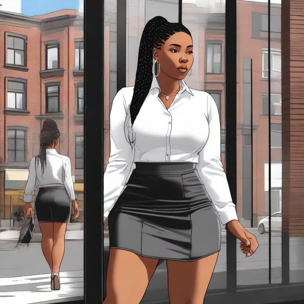 A young, chubby Black girl with long braids, wearing a short skirt, a short black jacket, and a white shirt underneath