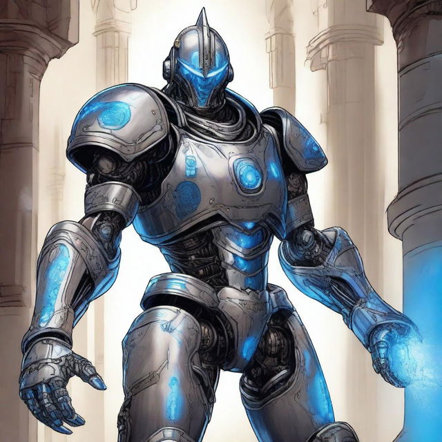 A detailed illustration of a Warforged character, a sentient robot-like being from a fantasy universe