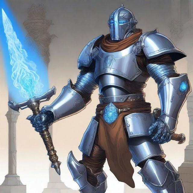 A detailed illustration of a Warforged character wielding a mace