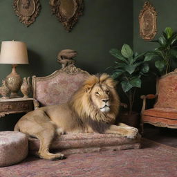 A majestic, sleeping lion under an array of eclectic furniture pieces, creating an unusual and intriguing scenario.