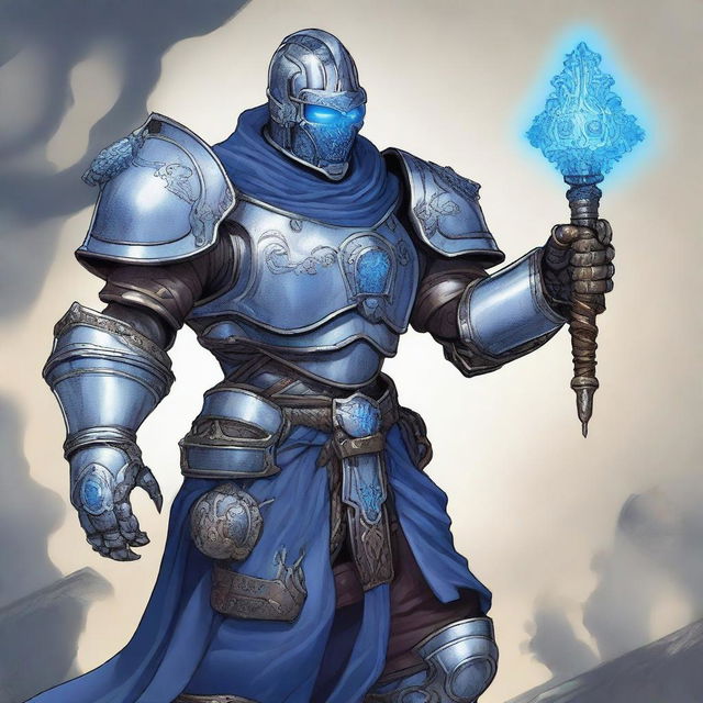 A detailed illustration of a Warforged character wielding a medieval mace