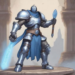 A detailed illustration of a Warforged character wielding a medieval mace