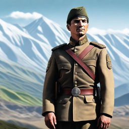 A detailed and realistic depiction of an Ossetian soldier in traditional military attire, standing against a backdrop of the Caucasus mountains