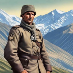 A detailed and realistic depiction of an Ossetian soldier in traditional military attire, standing against a backdrop of the Caucasus mountains