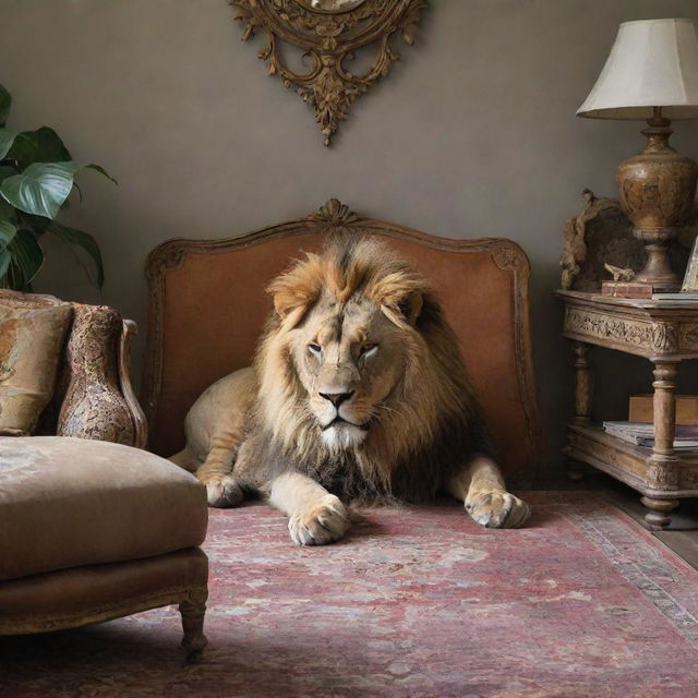 A majestic, sleeping lion under an array of eclectic furniture pieces, creating an unusual and intriguing scenario.