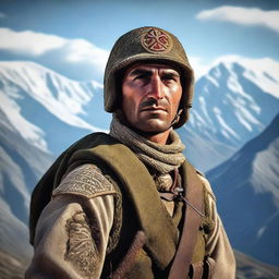 A detailed and realistic depiction of an Ossetian soldier in traditional military attire, standing against a backdrop of the Caucasus mountains