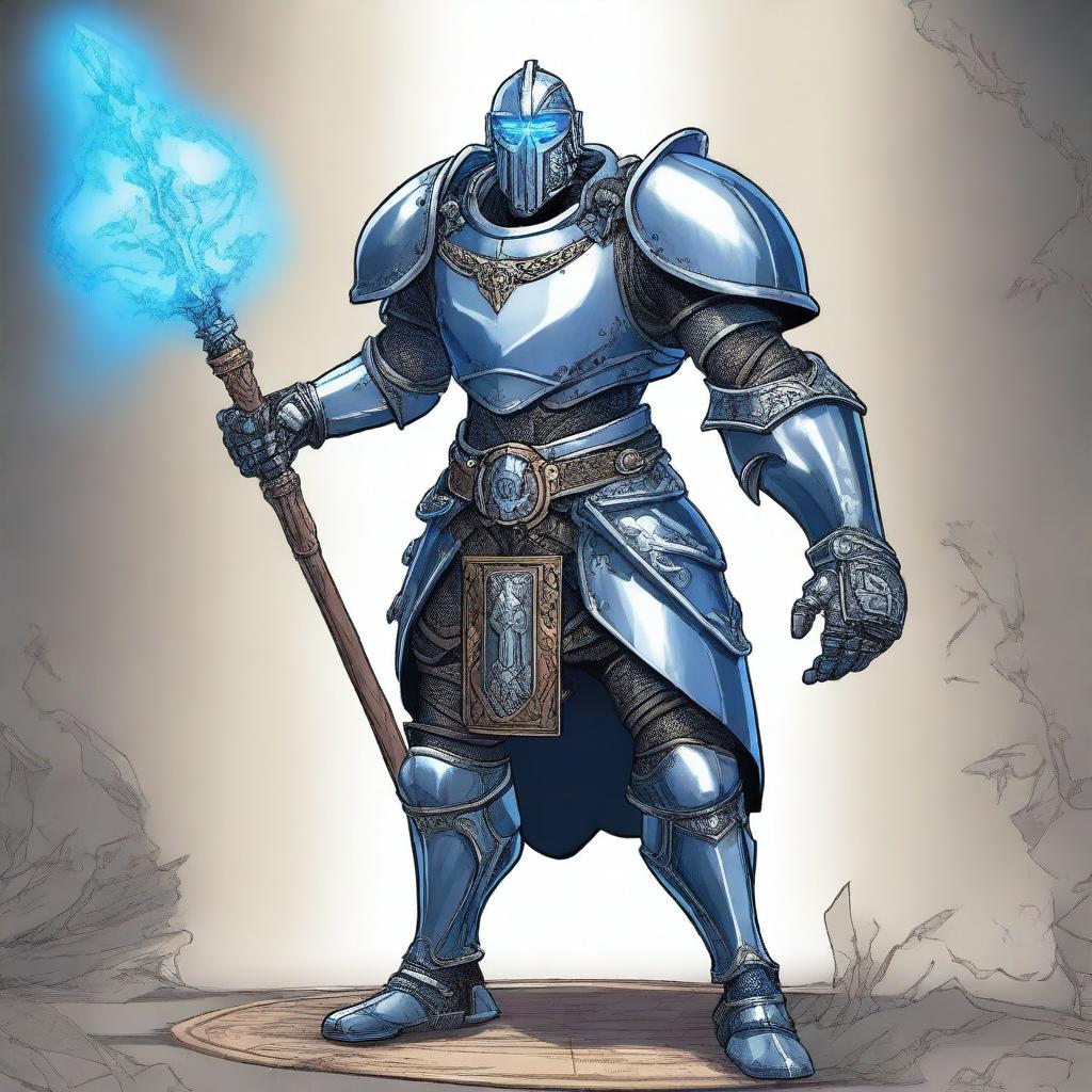 A detailed illustration of a Warforged character wielding a medieval mace