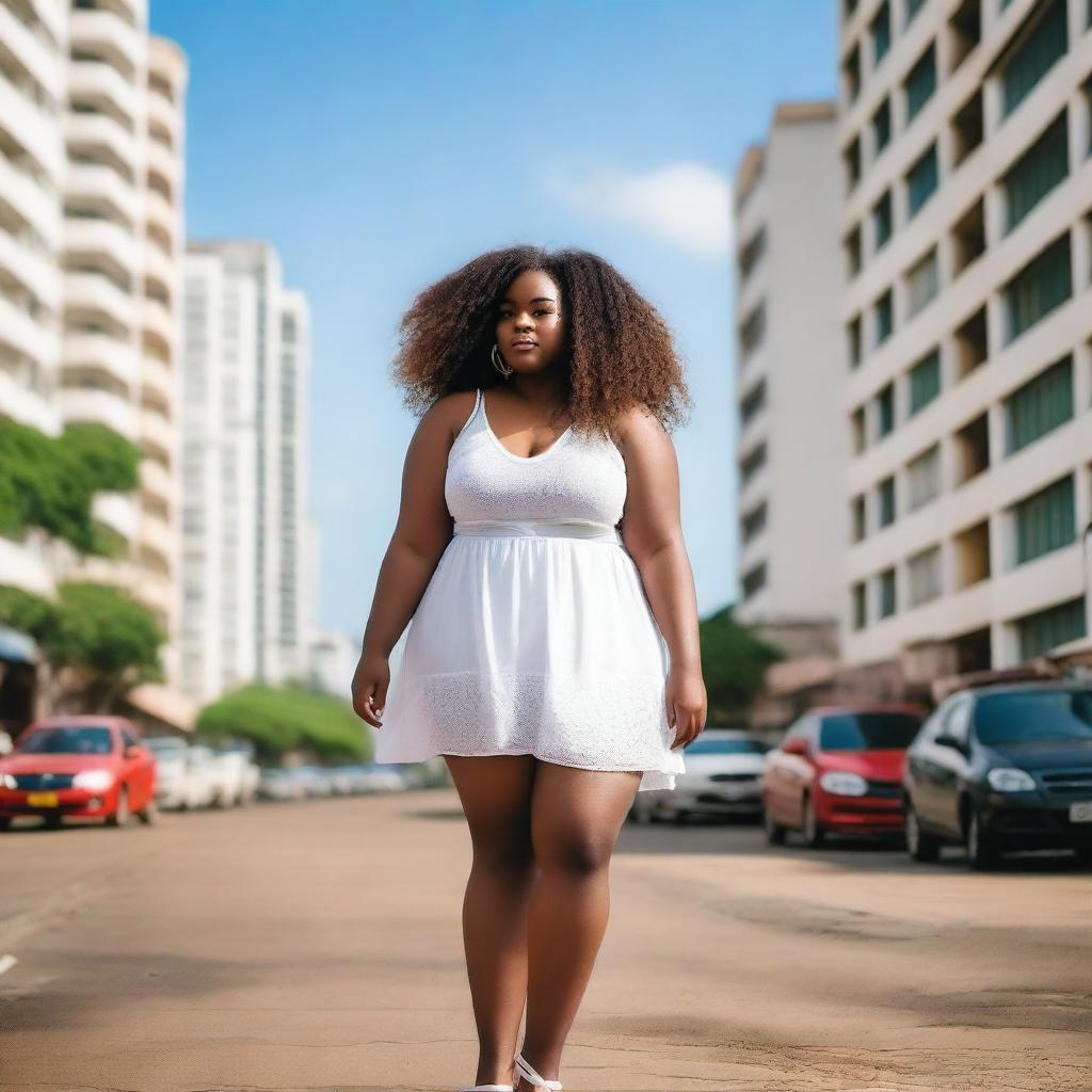 A young, chubby Black girl with long curly brown hair, wearing a very short white dress and high heels