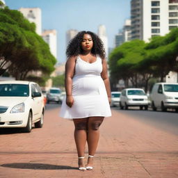 A young, chubby Black girl with long curly brown hair, wearing a very short white dress and high heels