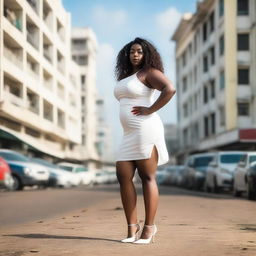 A young, chubby Black girl with long curly brown hair, wearing a very short white dress and high heels