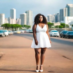 A young, chubby Black girl with long curly brown hair, wearing a very short white dress and high heels