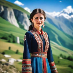 A beautiful Ossetian girl wearing traditional Ossetian attire, with a serene expression on her face