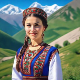 A beautiful Ossetian girl wearing traditional Ossetian attire, with a serene expression on her face