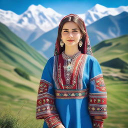 A beautiful Ossetian girl wearing traditional Ossetian attire, with a serene expression on her face