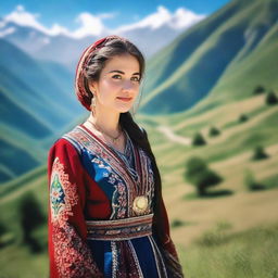 A beautiful Ossetian girl wearing traditional Ossetian attire, with a serene expression on her face