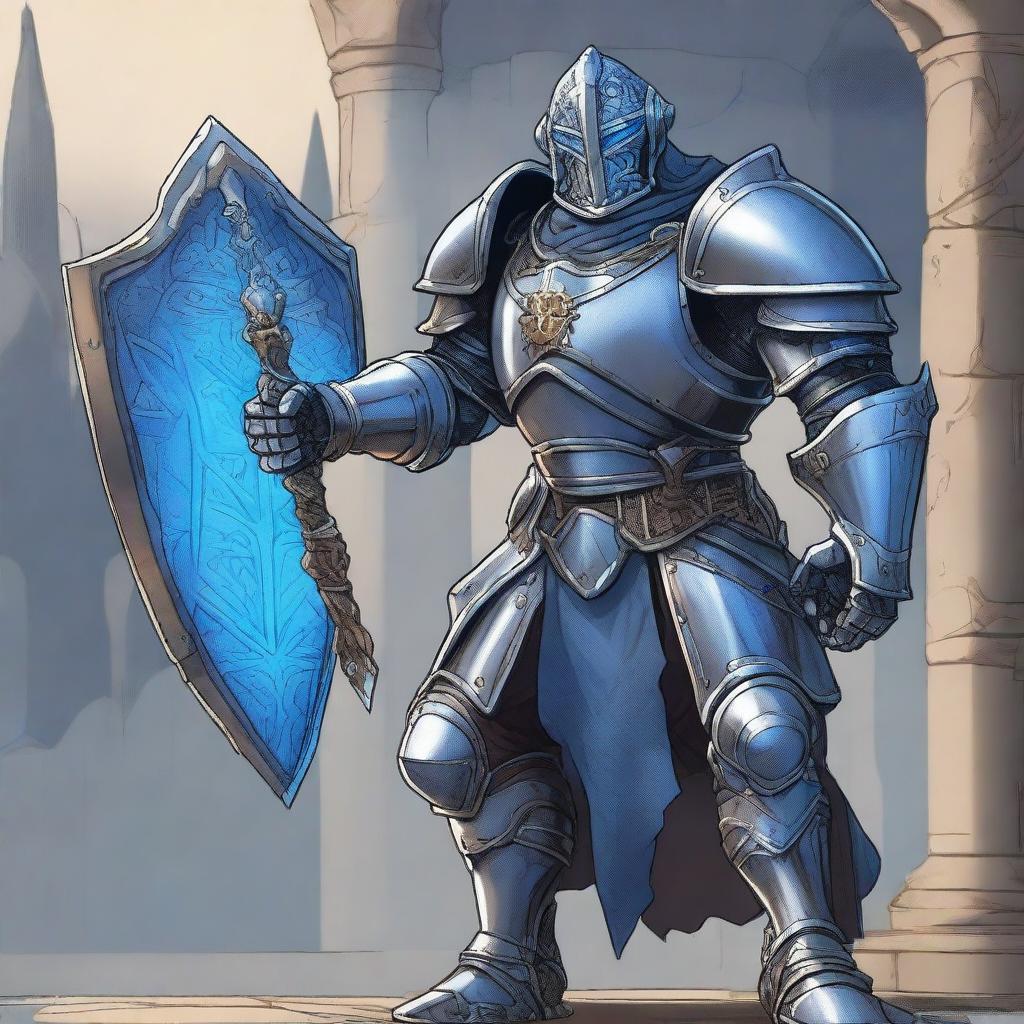 A detailed illustration of a Warforged character wielding a medieval mace and shield