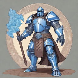 A detailed illustration of a Warforged character wielding a medieval mace and shield