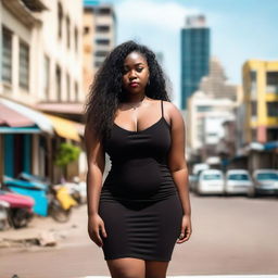 A young, chubby Black girl with long curly brown hair, wearing a short, tight black dress and high heels