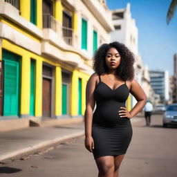 A young, chubby Black girl with long curly brown hair, wearing a short, tight black dress and high heels