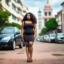 A young, chubby Black girl with long curly brown hair, wearing a short, tight black dress and high heels